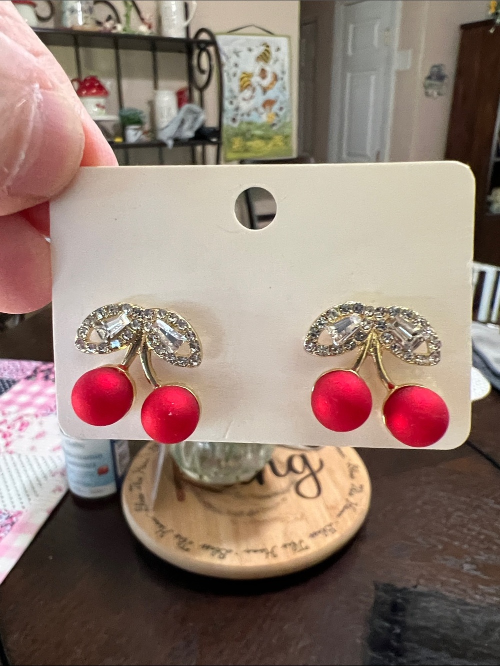 Source Unknown Gold Crystal Leaf Cherry Drop Earrings - Red